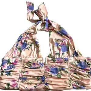 Zara halter crop top Light pink floral print Deep V Ruching NWT XL Feminine